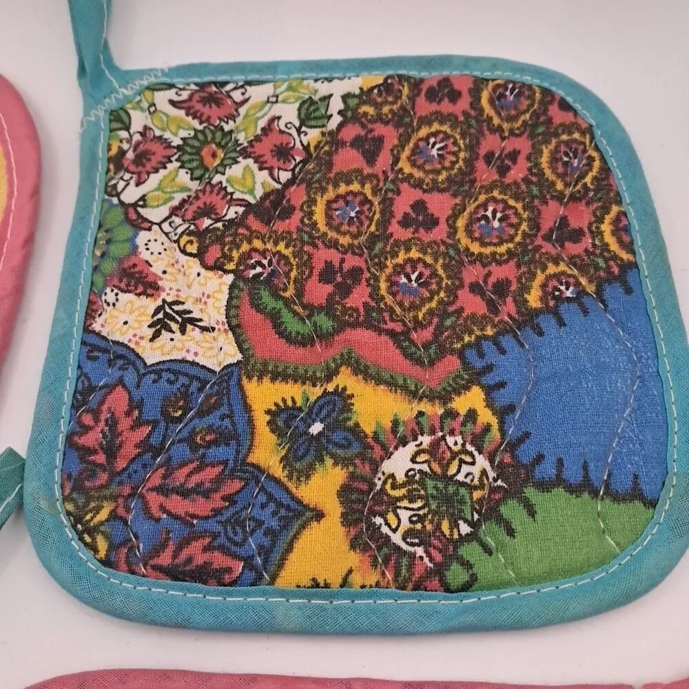 Set Of 4 Quilted Colorful Teal Aqua Pink Pot Holders Advertising Knoxville TN